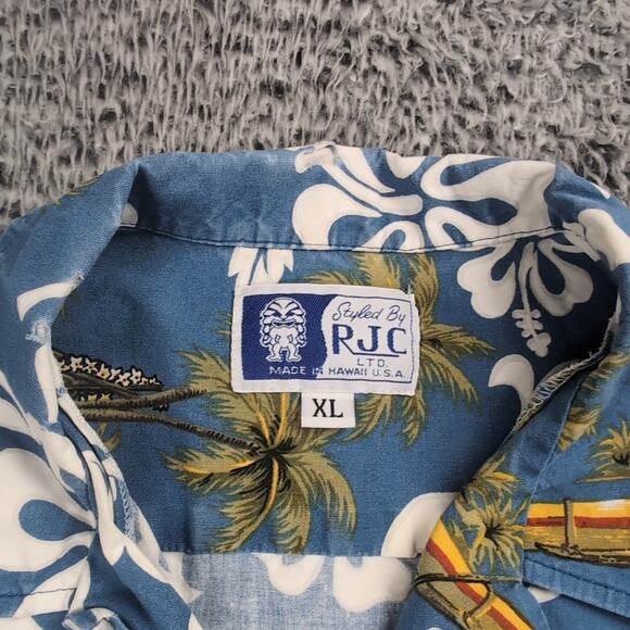 Vintage RCJ Shirt Men Extra Large Blue Floral USA Made Hawaiian Short Sleeve - Picture 2 of 6
